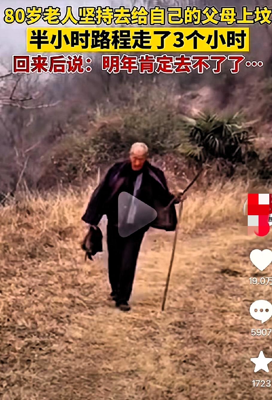 80岁老人蹒跚三小时爬山路，一句“爹、娘，我来赴约了”，看哭无数人！
 
半小时