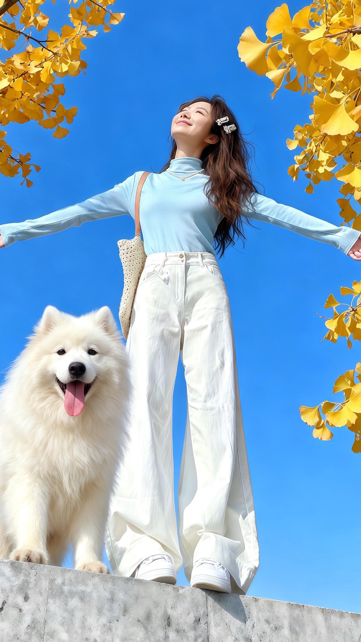 浅蓝高领打底衫➕奶白阔腿裤，清清爽爽的感觉像是把蓝天穿在身上，温柔感满...