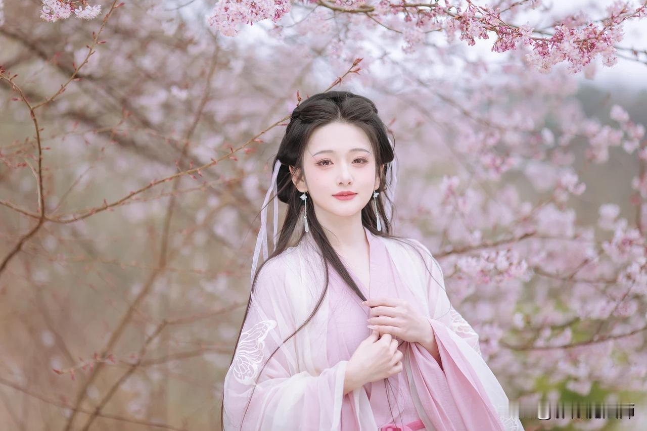 粉樱盛放，她着淡粉汉服立于花下。披帛轻扬，发带随风飘动。抬手抚花，汉服与春景相融