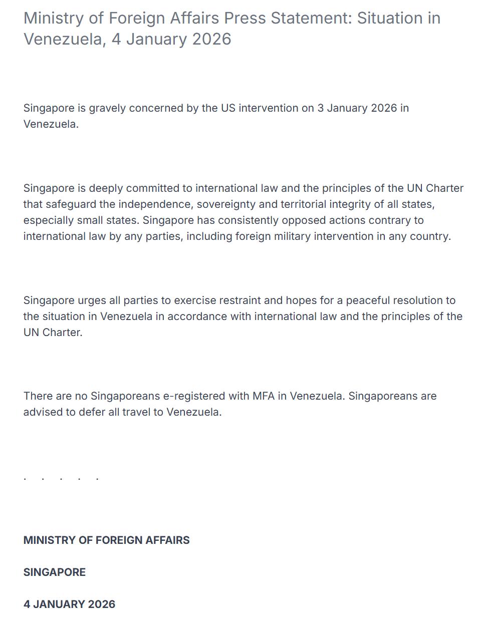 美国和俄罗斯都是侵略，新加坡反应不同！

新加坡外交部1月4日就委内瑞拉局势发表