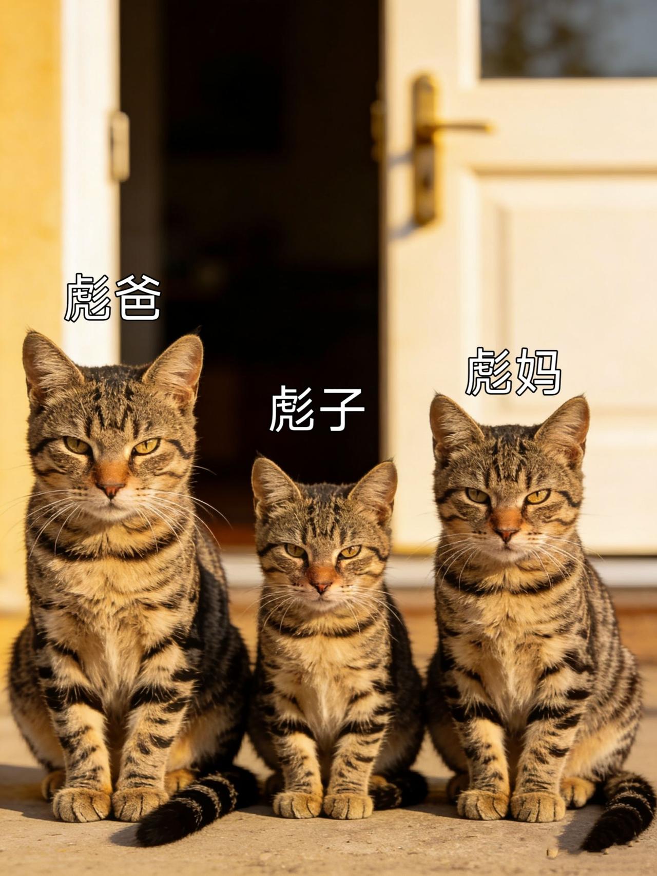 奶奶养的狸花猫，明明是一家三口，可是看起来却长得一模一样。
好像狸花猫除了脸尖点