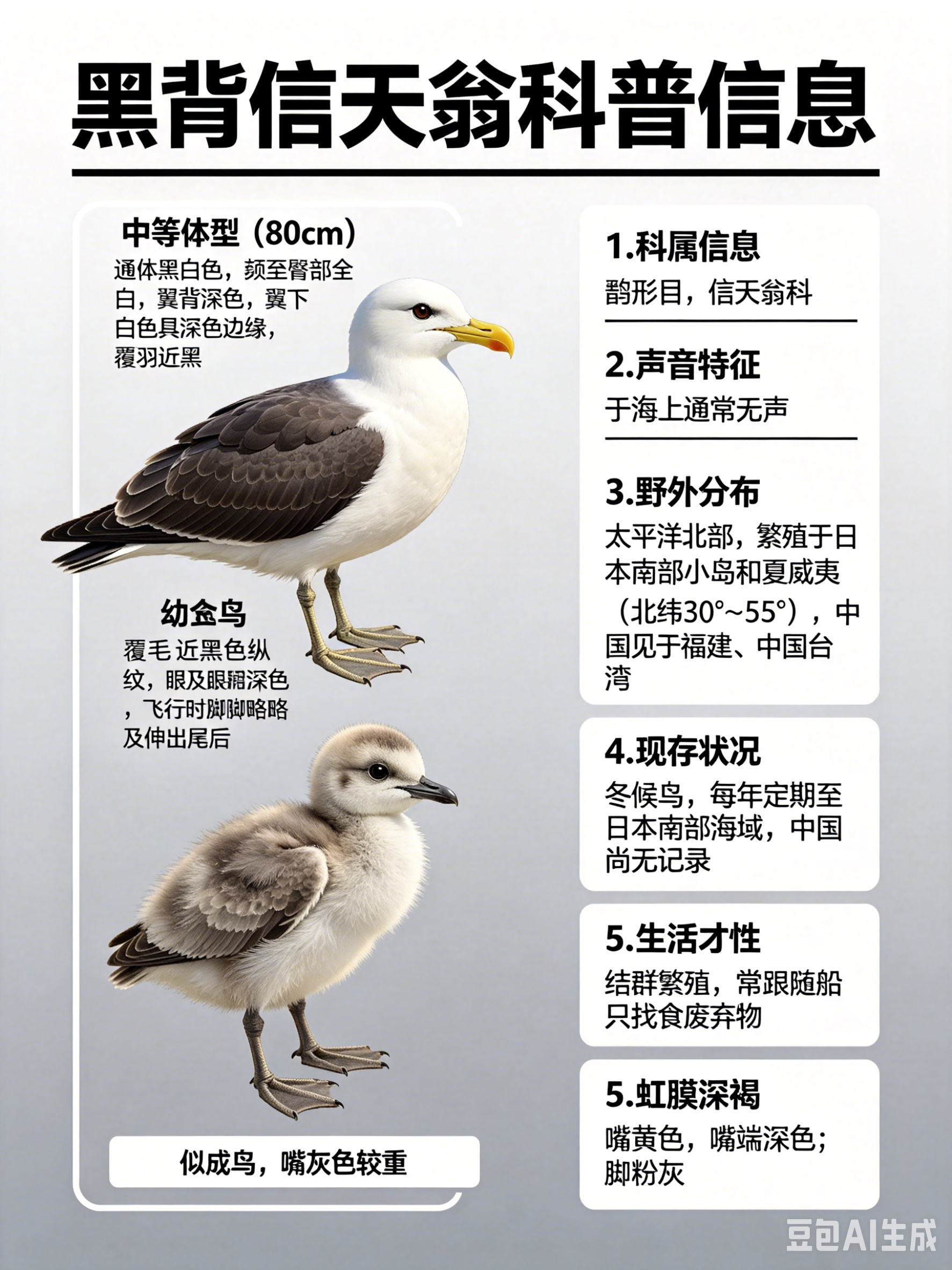 鸟类朋友图鉴 黑背信天翁·科属：鹱形目，信天翁科。·外形特征：中等体型（80cm