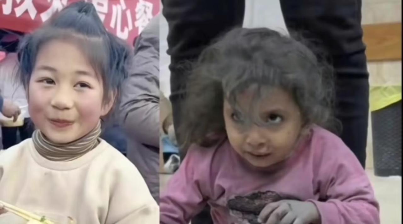 甘肃地震下的小女孩与加沙战争中的小女孩，由图可见有一个强大的国家多幸福！我为我的