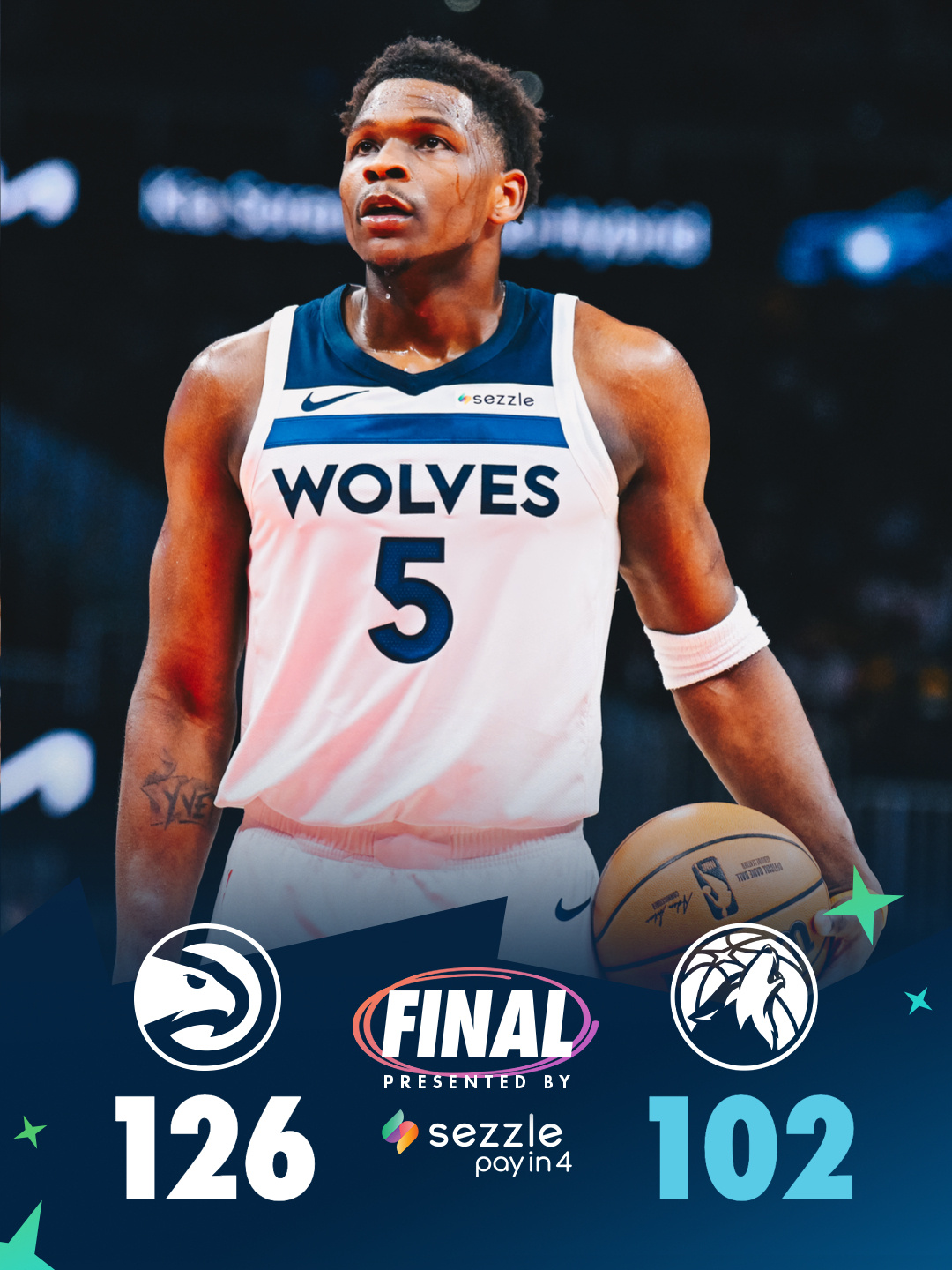 森林狼客场102-126不敌老鹰，战绩21胜13负，还落后湖人半个胜场。 