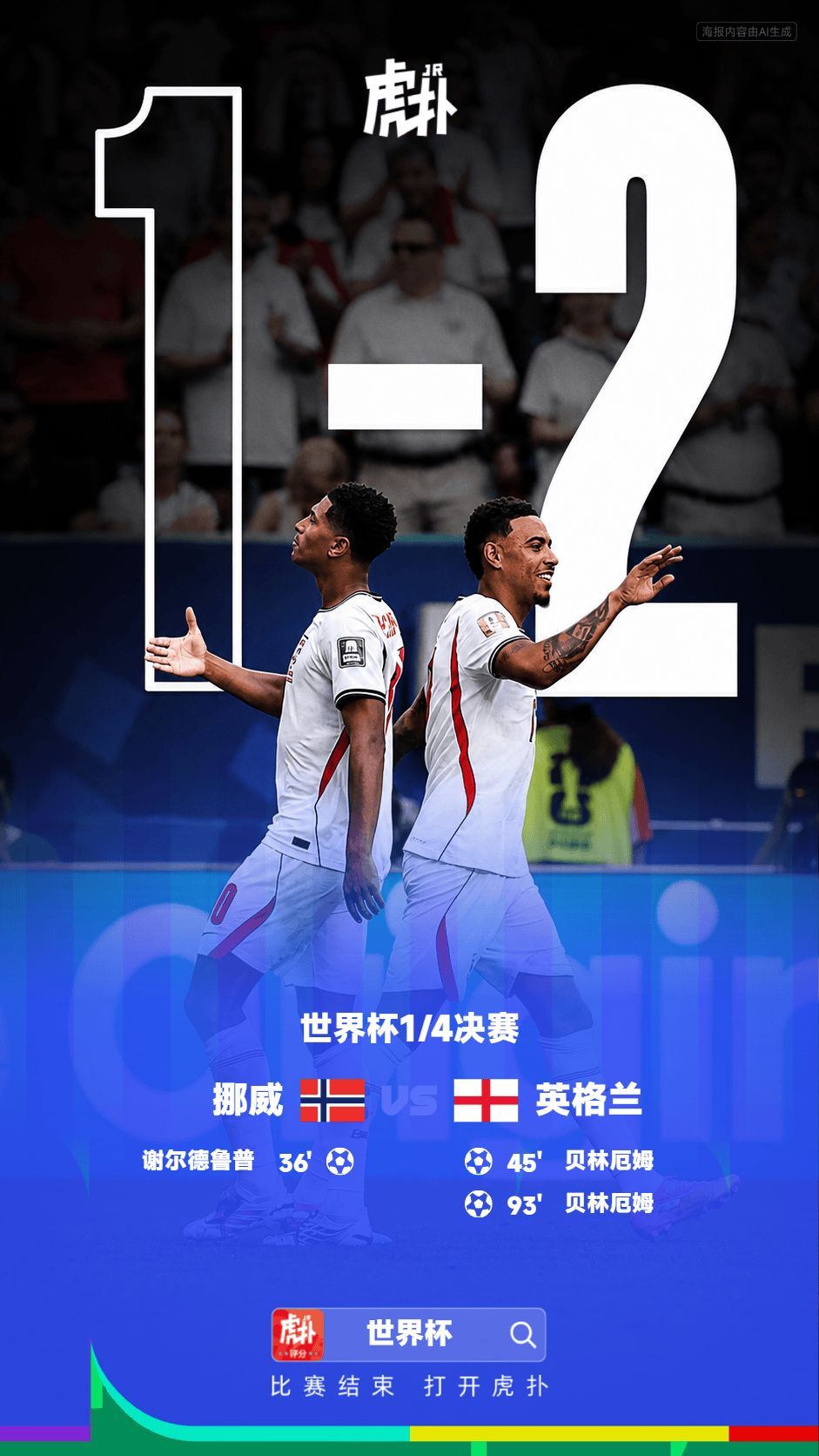 世界杯：英格兰2-1挪威逆转晋级四强，贝林厄姆连场双响07月12日讯 世界杯1/