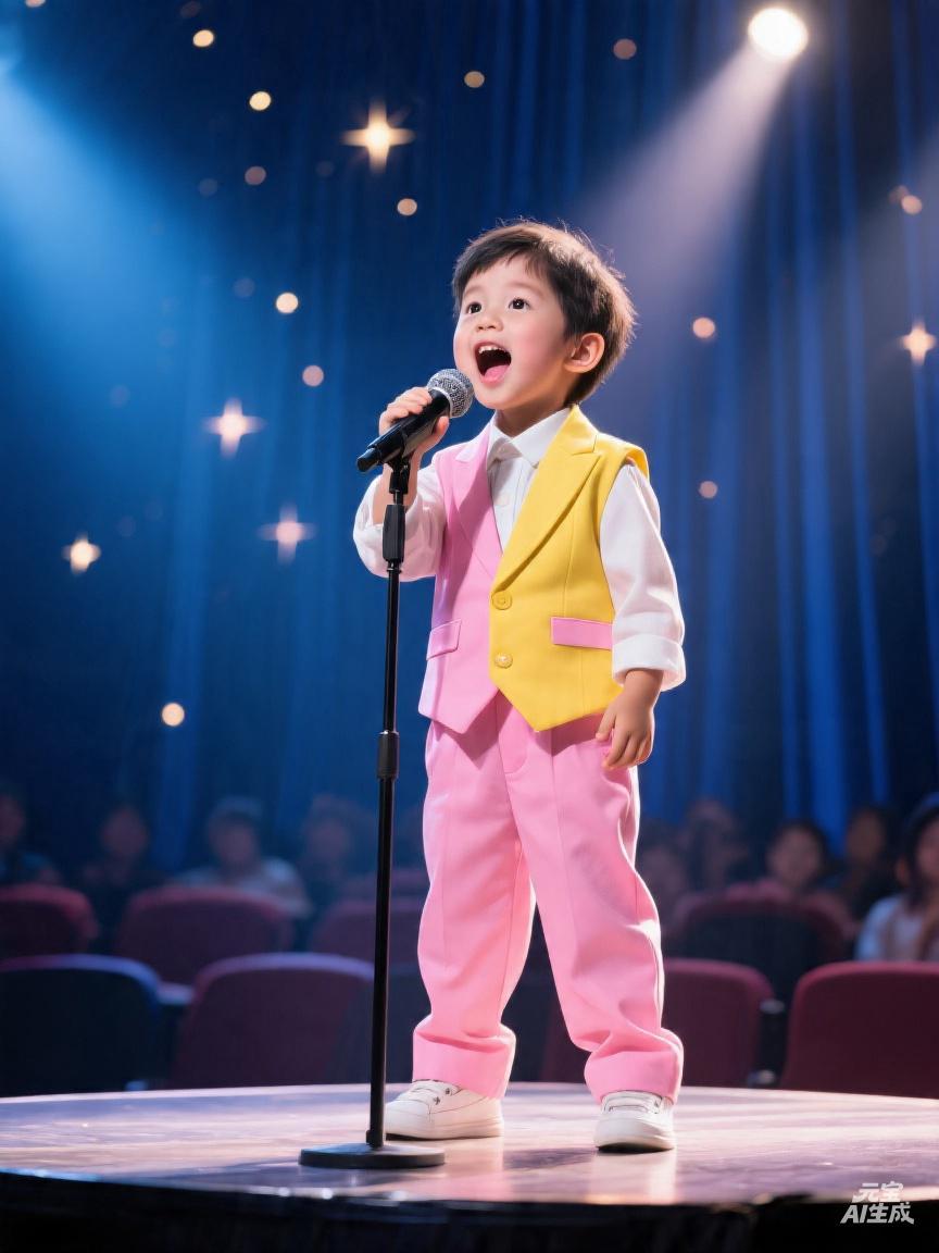 萌娃穿粉黄相间小西装舞台表演，简直可爱到犯规！就像那个3岁富贵萌娃，穿上西装领结