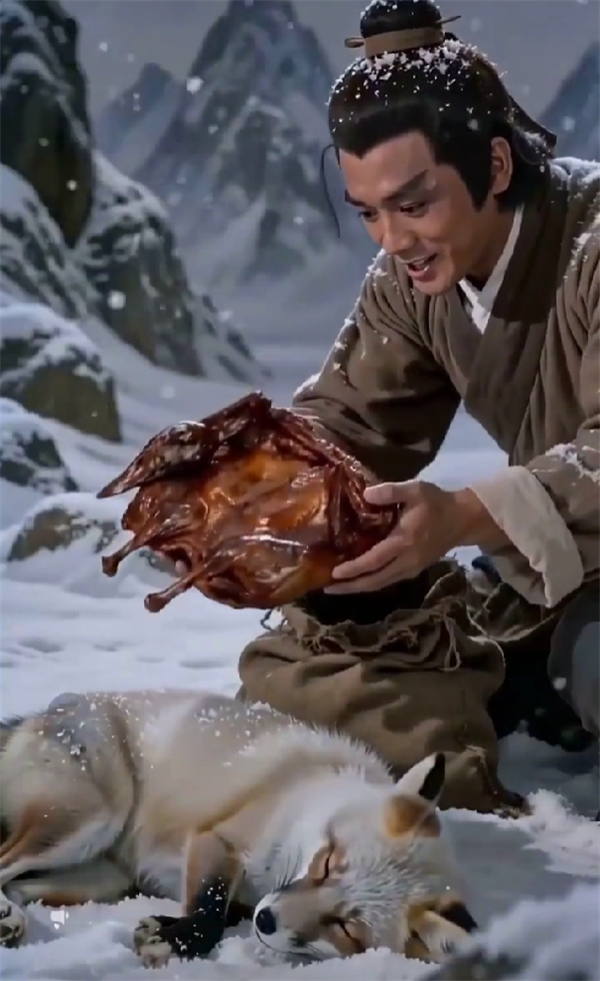 【网友自制雪山救狐狸AI短片爆火：创作初衷竟是宣传酱板鸭】近日，“雪山白狐酱板鸭