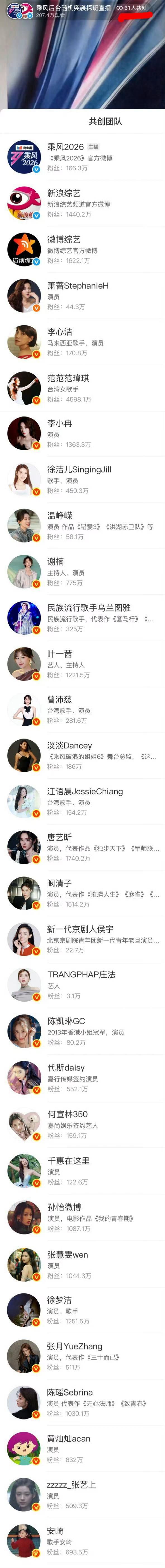 浪姐史上最多人共创直播 31个人共创，乘风2026三公这波直接排面拉满，太热闹了