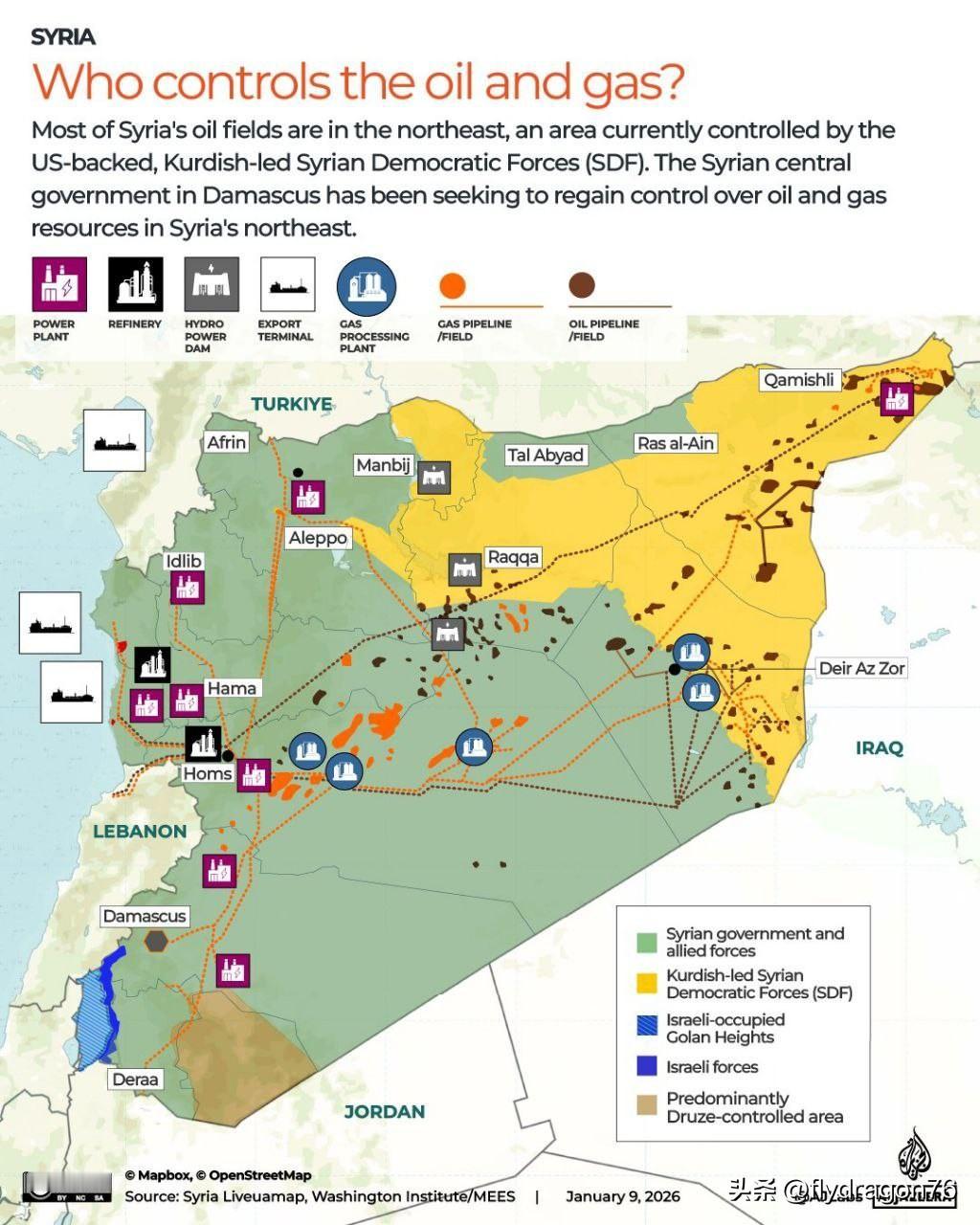 🇸🇾库尔德人与朱拉尼武装分子之间的战斗

地图显示了叙利亚东北部的大部分石油