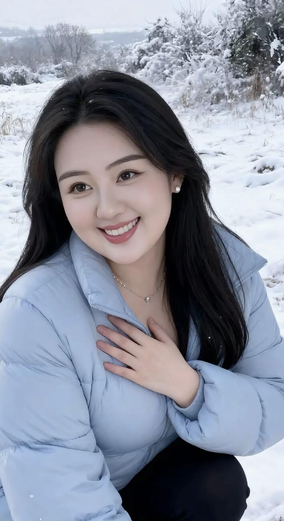 冬日暖阳下，微笑女孩与雪景相映成趣🌨️😊