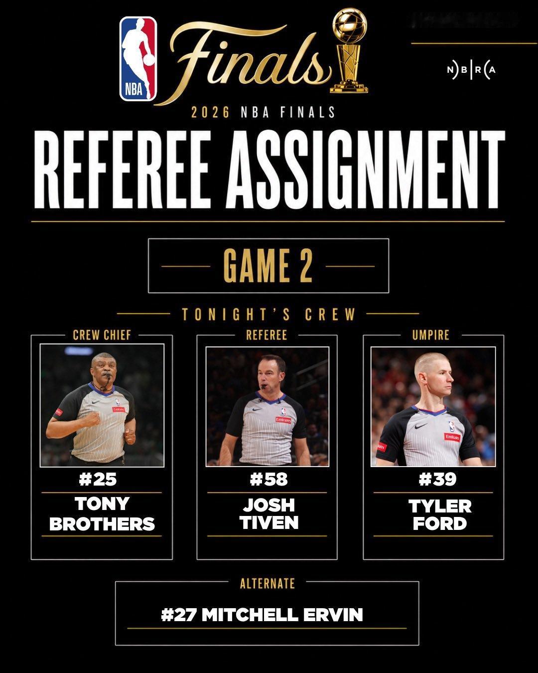 今天总决赛G2裁判阵容出炉，托尼兄弟主裁NBA