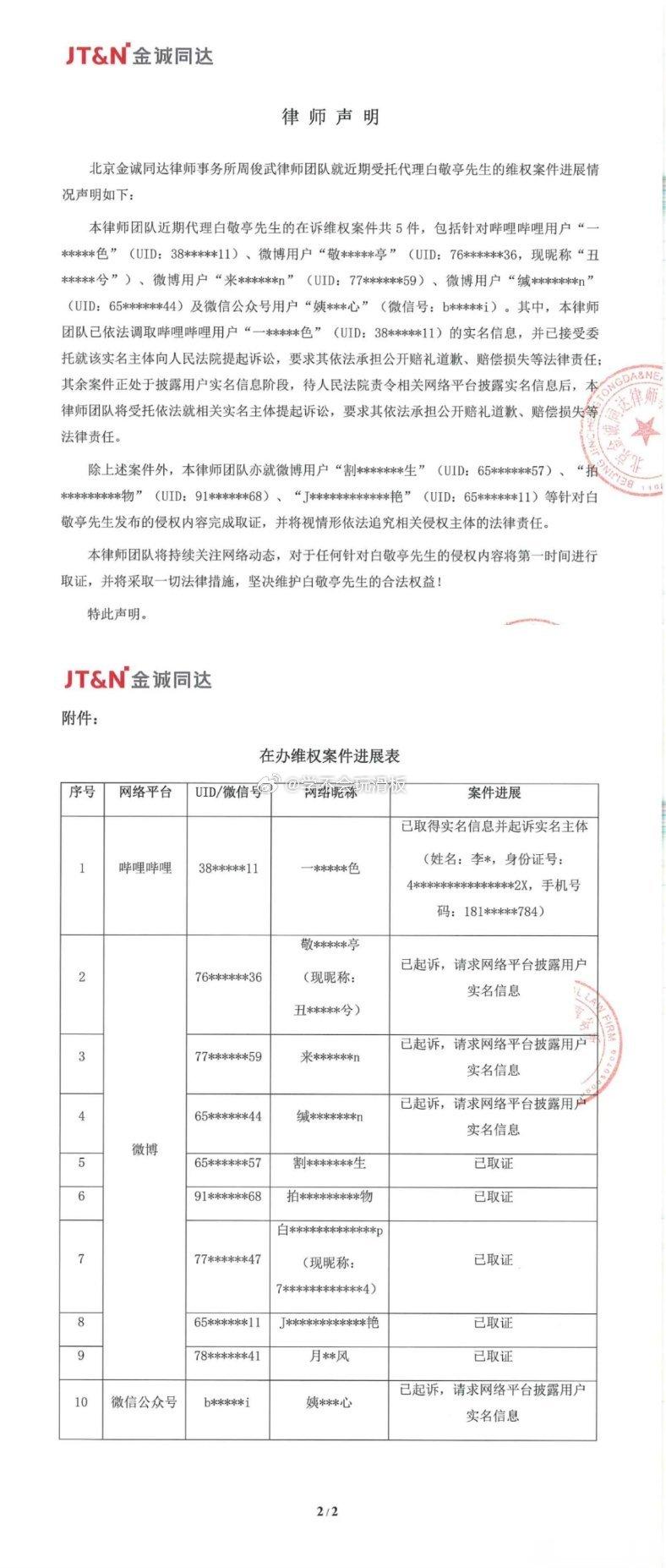 白敬亭方发布律师声明，并公布告黑名单，以及维权案件进展表。 