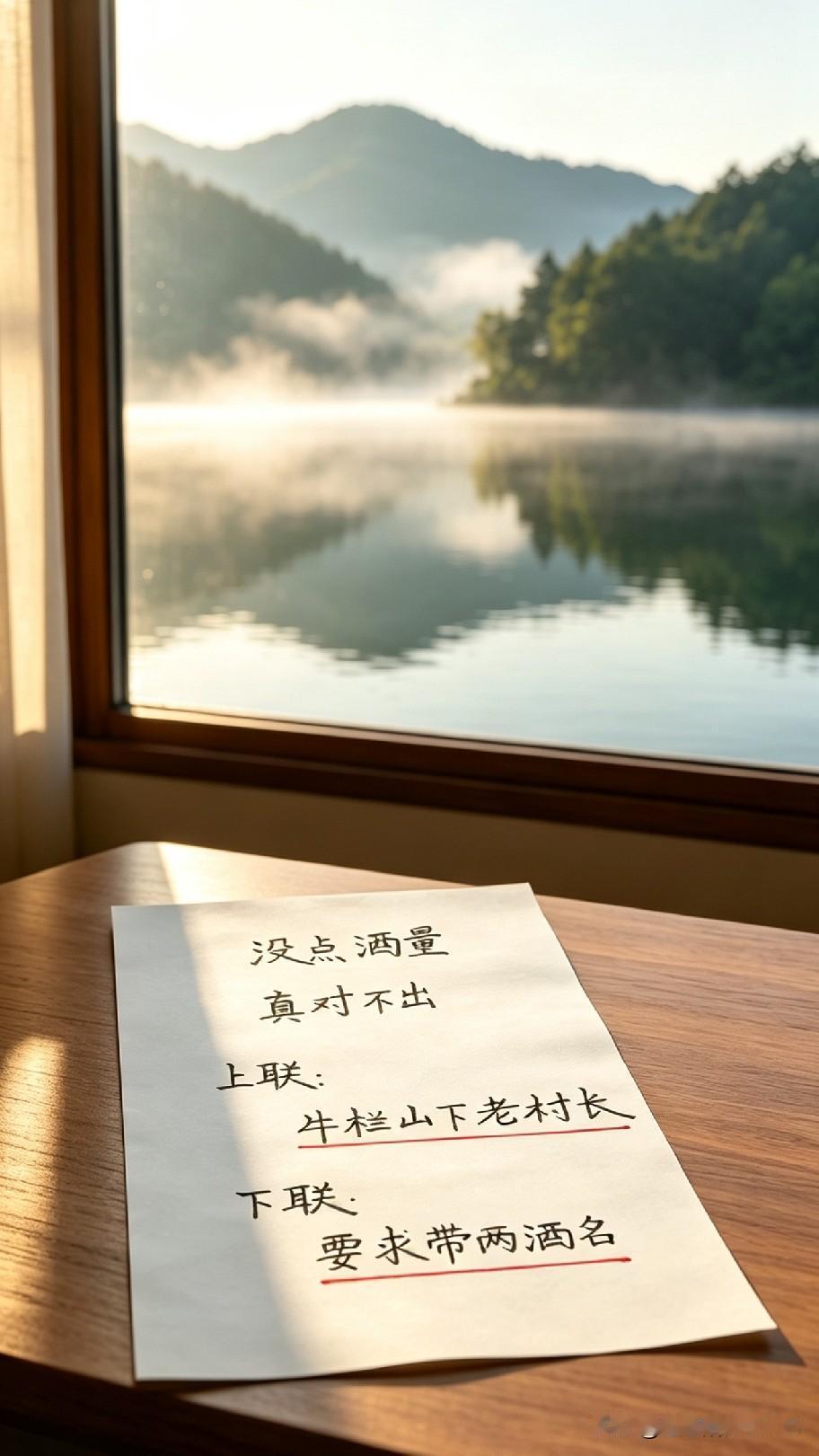 这副对联还真有点考验人！上联是：牛栏山下老村长，下联得嵌进两个酒名，没点酒量怕是