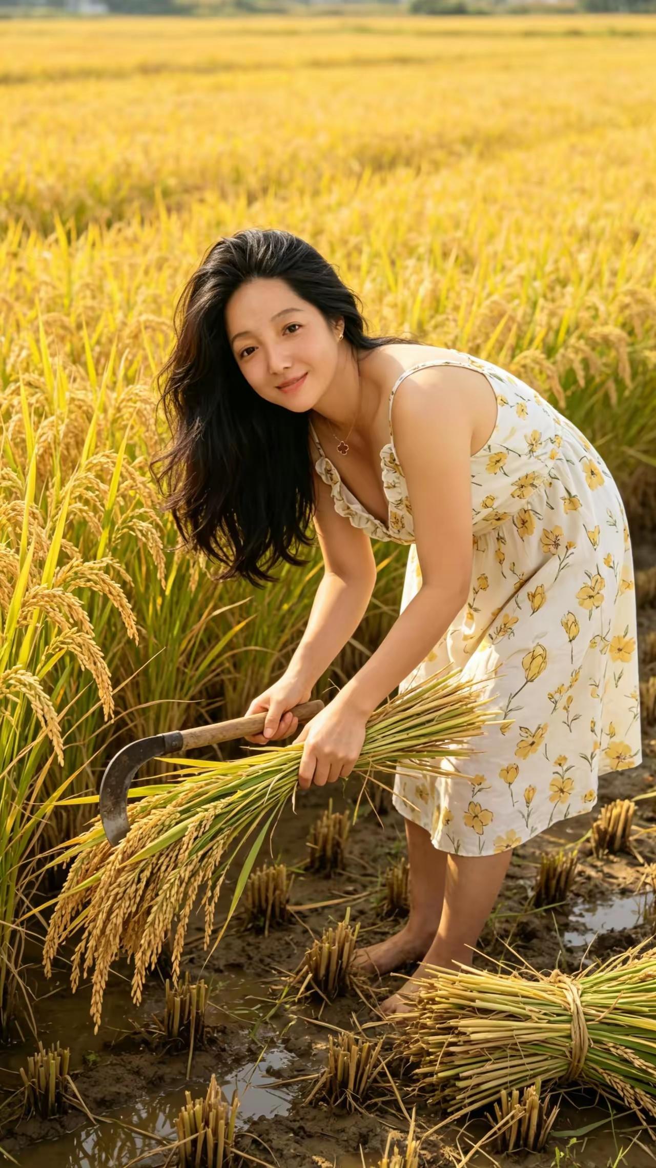 北风阵阵狂，
霜打秋叶黄。
农妇挥镰刀，
田间割稻忙。