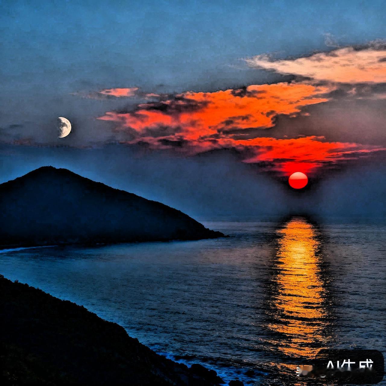 它描绘了一种跨越时空、纵览天地美景的画面，一边是西山的夜色将尽、月沉西山，一边是