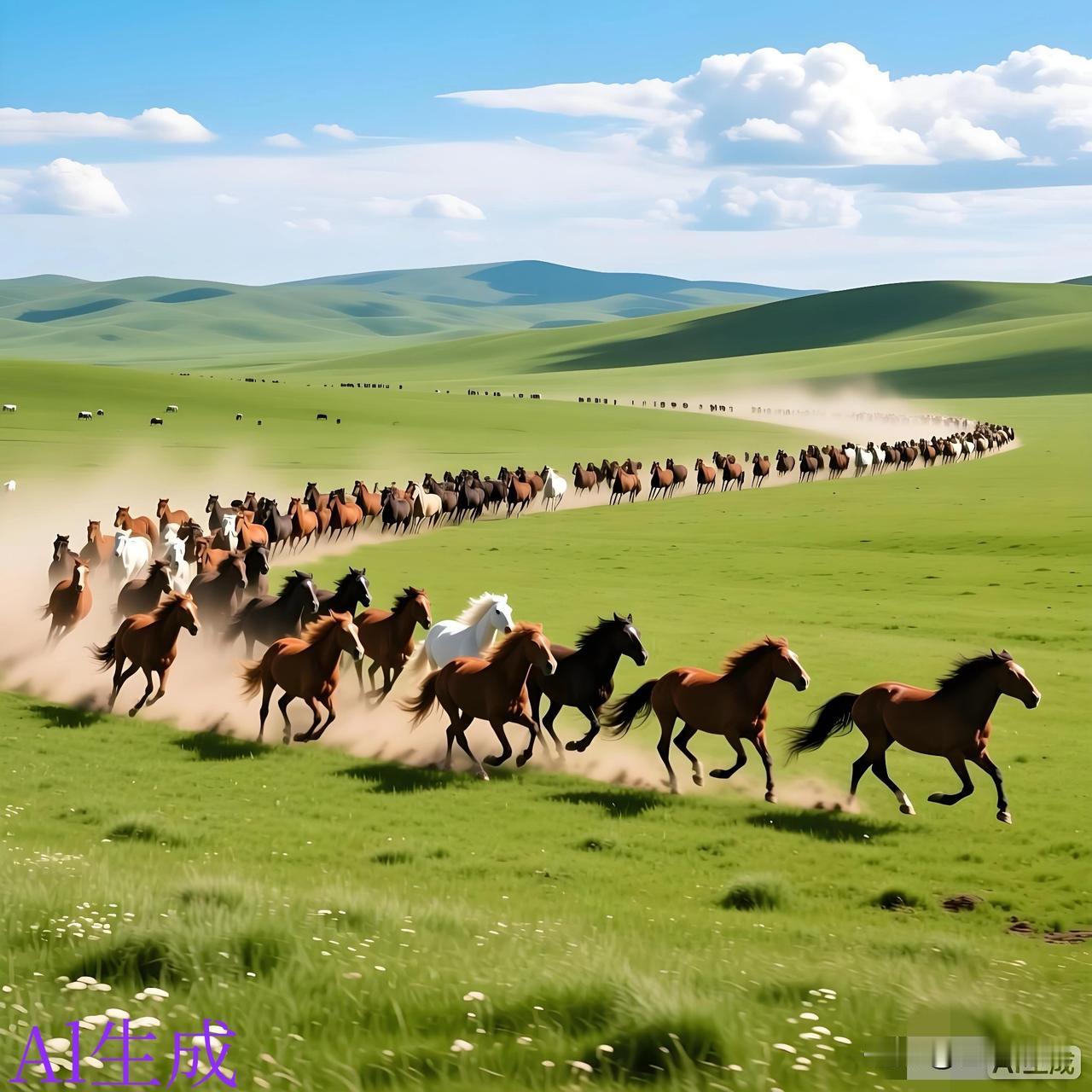 这万马奔腾的场景真是壮观
一条长长的马队井然有序向前奔跑。
如狂风扫过草原，奔腾