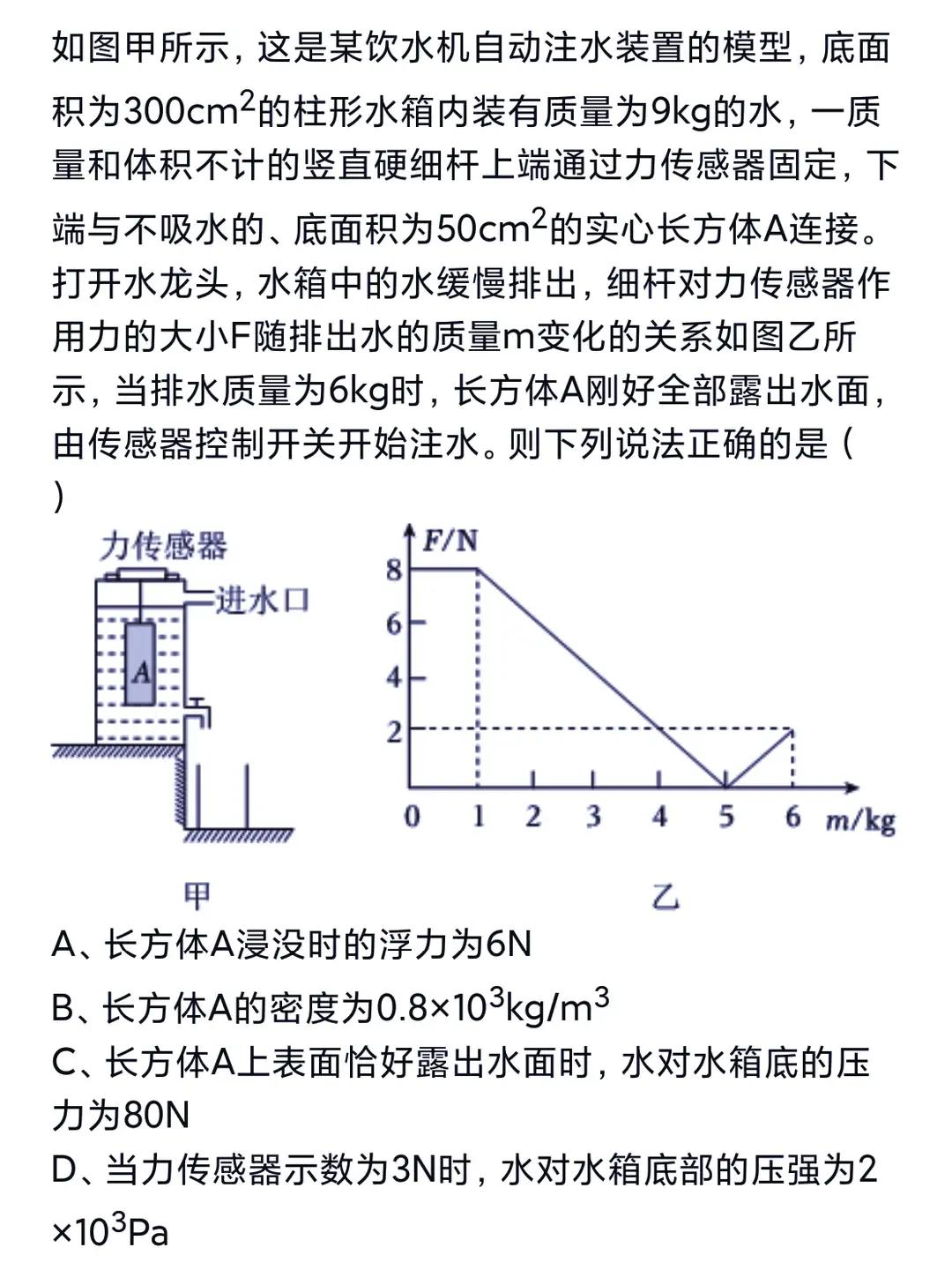 力学综合题
解析:由题意可知:

①S容=300cm²，

②m水=9kg，
