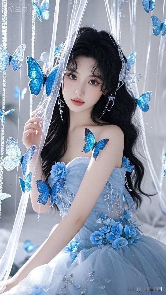 梦幻蓝裙仙女，蝴蝶环绕，唯美仙境