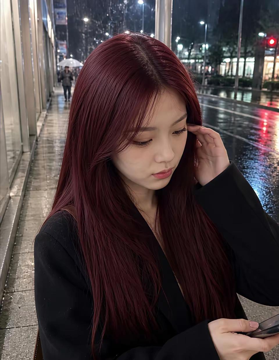 一个长发女孩在雨中看手机。
