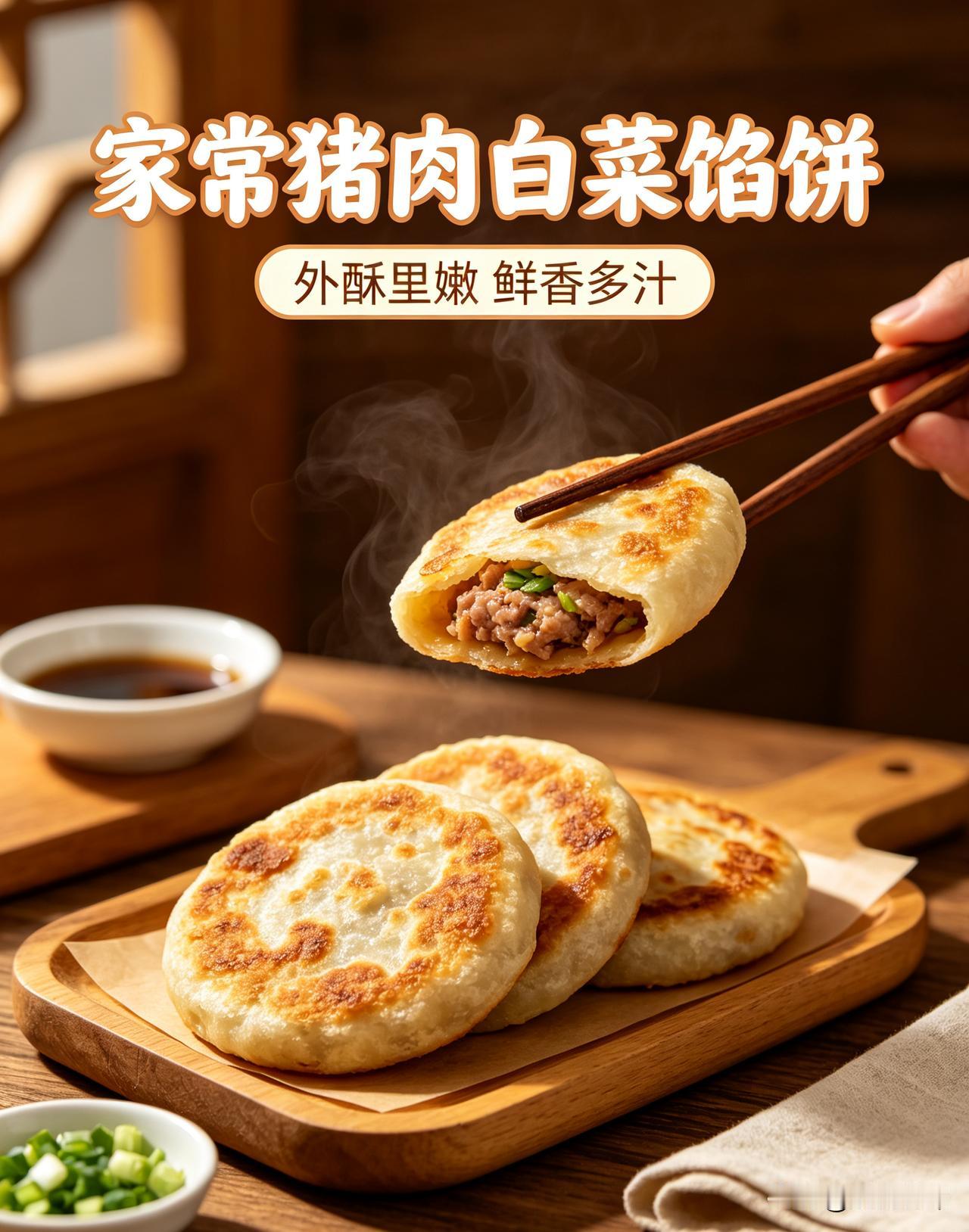 家常猪肉白菜馅饼做法简单又鲜香。白菜切碎杀干水分，和调味后的猪肉馅拌匀。面团醒好