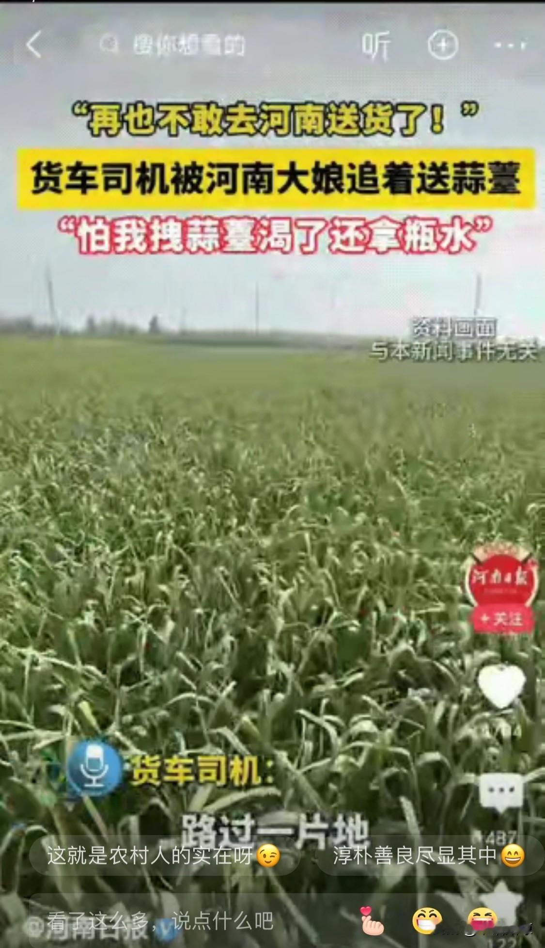 “再也不敢去河南送货了，太吓人了！”安阳送货大哥偷摘蒜苔被追，大娘反手再塞一把，