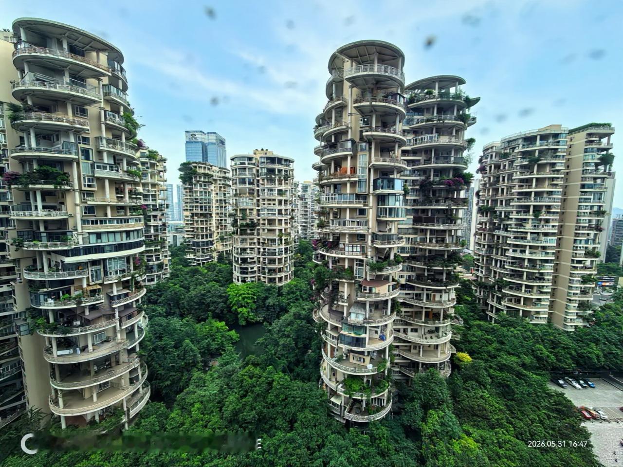 酒店的窗外，这应该是成都的高档小区吗？风格很特别，南方的气息非常浓。