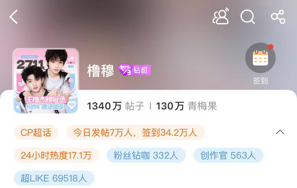 橹穆超话破130万粉丝 橹穆超话已经破130万粉丝，首个且唯一真人cp钻三超话?