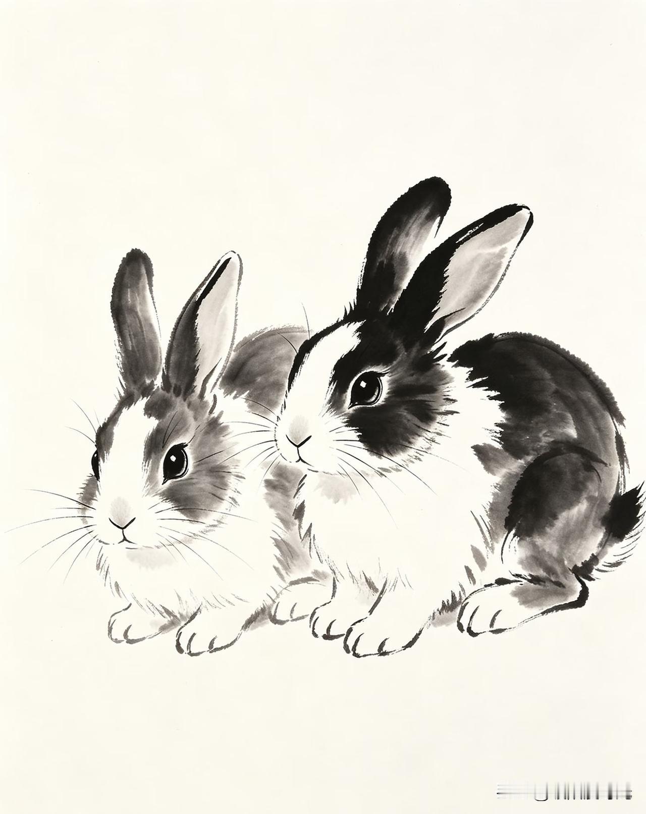 一笔水墨，绘尽兔儿的灵动与清欢。
郭小O绘画AI素材水墨风兔子插画分享
水墨色兔