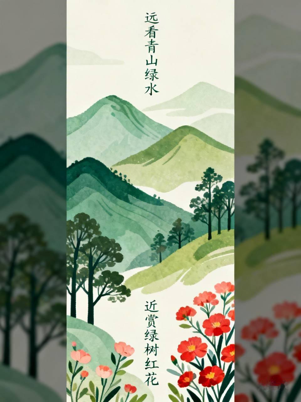 上联：远看青山绿水，
下联：近赏绿树红花。
