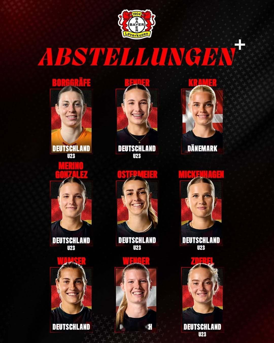 🌍女足国际比赛日开启，本次共有9位药厂球员将为国出战！🇩🇪德国U23：博格