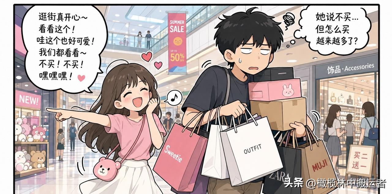 趣味漫画：和女朋友逛街，她说：“我就看看不买。”然后三个小时后我拎了八个袋子。漫