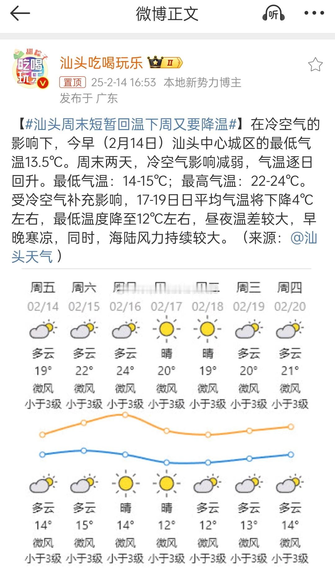 汕头周末短暂回温下周又要降温 汕头没破10度，问题不大，就是老人小孩要注意保暖，