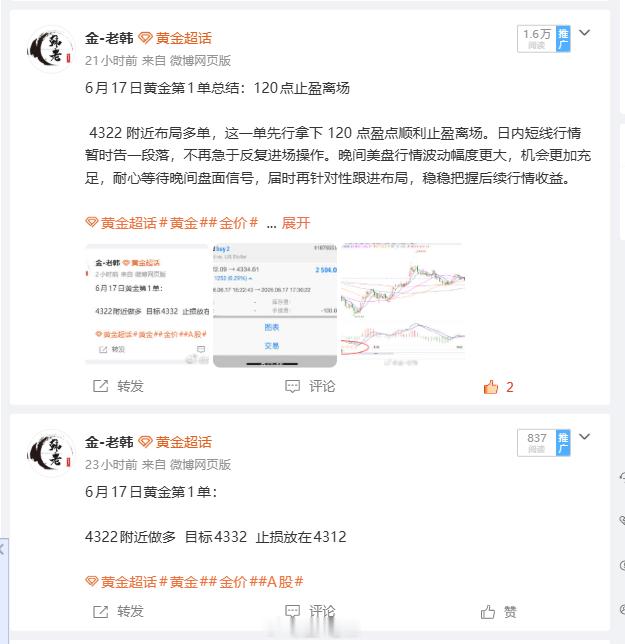 6 月 17 日黄金实战总结：拿下110点！昨日黄金区间震荡反复，多空均有博弈机