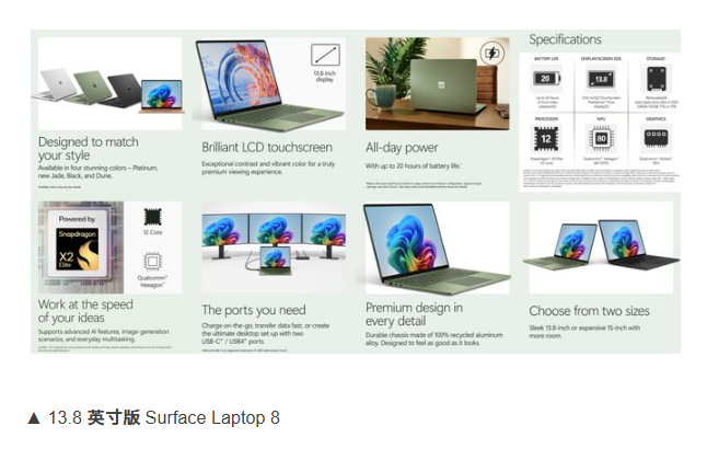 骁龙ARM版微软Surface Laptop 8规格曝光，全新“翡翠”配色6 月