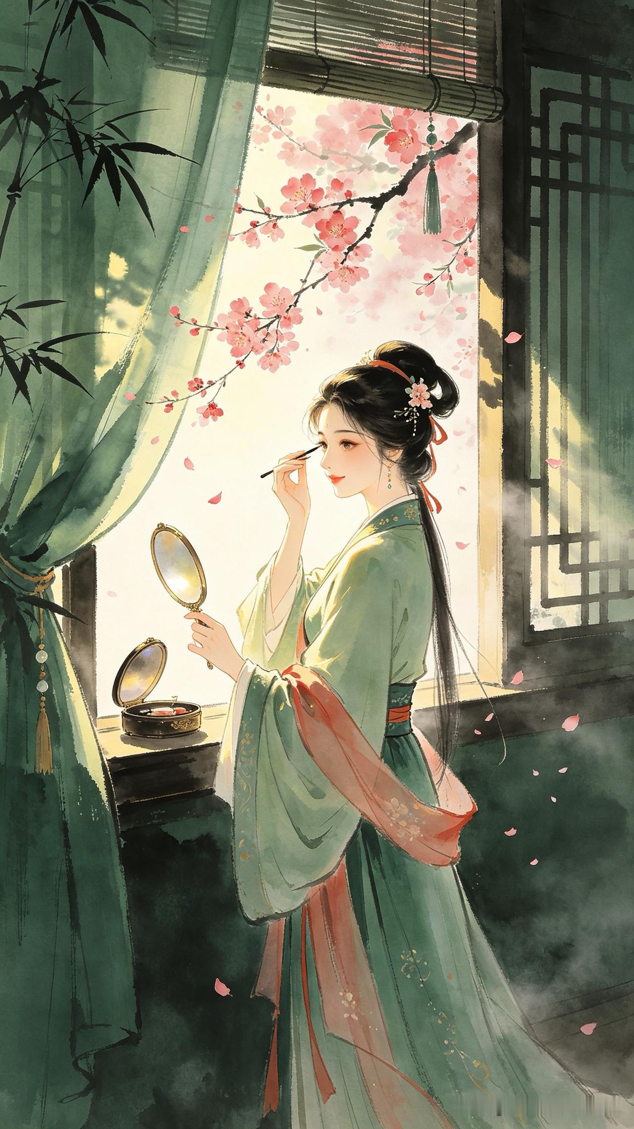 晨起临窗弄晓妆，
轻描翠黛画眉长。
忽惊帘外桃花落，
       
…………请