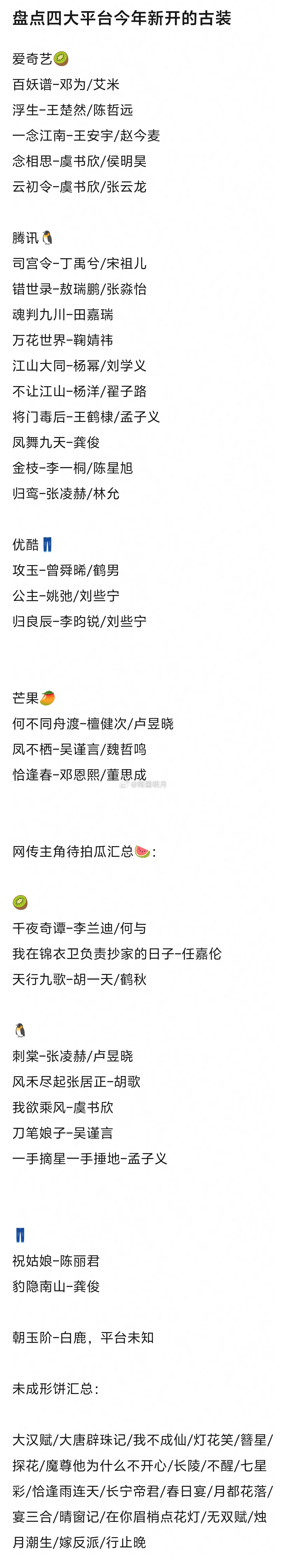 汇总四大影视平台新开的古装剧，包含网传待拍饼和未形成饼 