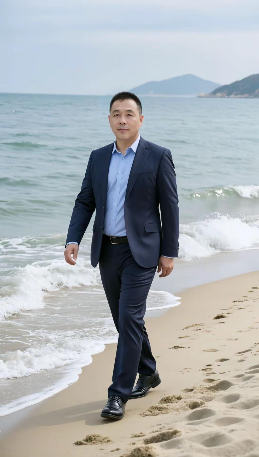 ai制作人像。与海合影 男生海边拍照