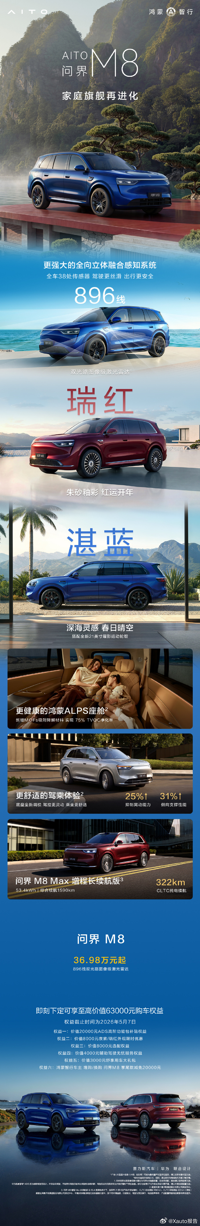 问界M8焕新升级首发评测问界M8焕新升级，据媒体首发评测显示，新车新增湛蓝、瑞红