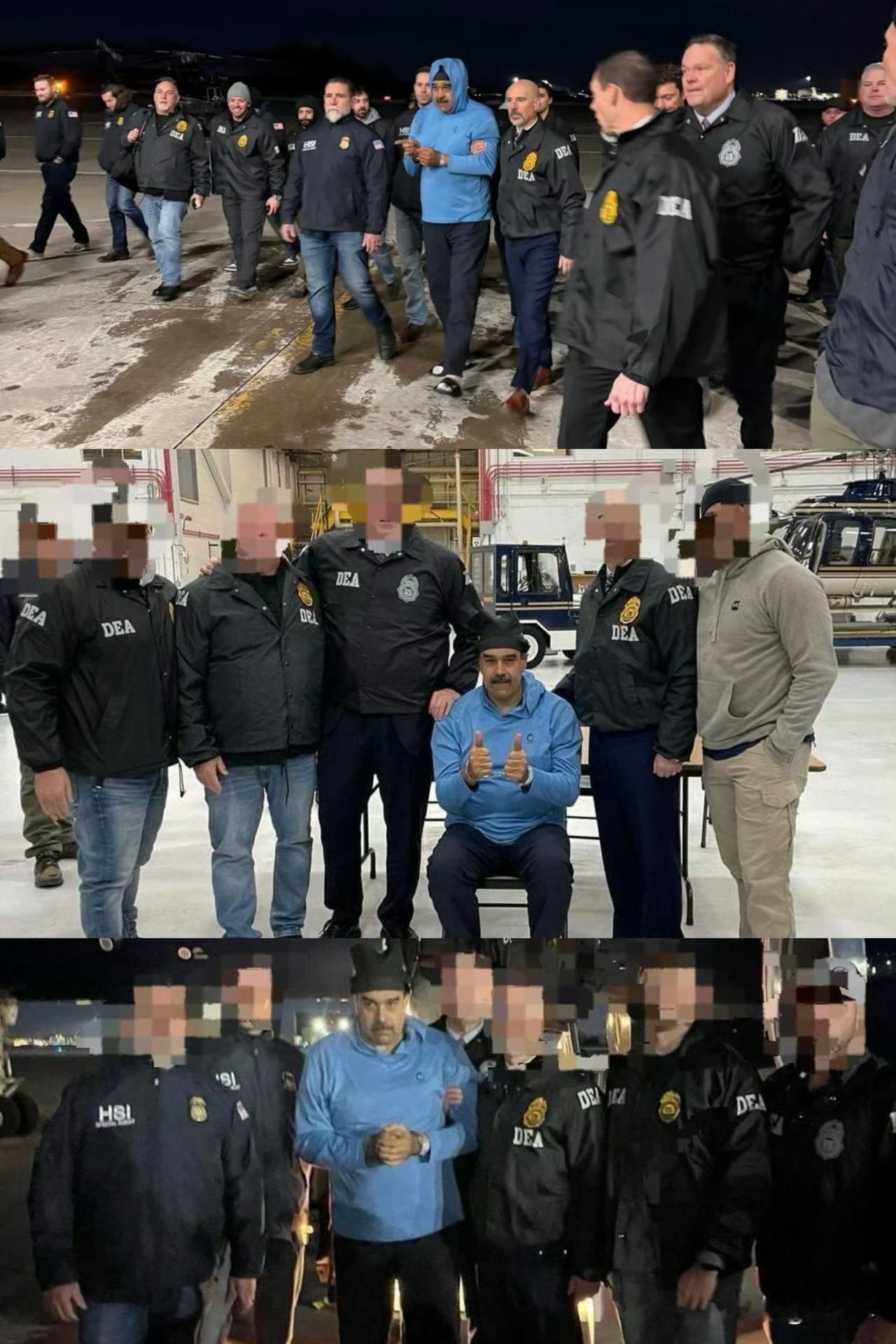 马杜罗下飞机后画面公开、神情茫然，被数名特工包围，身着囚服、戴脚镣走下飞机 ，双