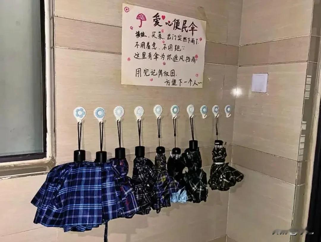 合肥。
女子花了300多块钱买了10把便民伞，挂到单元楼门口。老公说，不超三天都