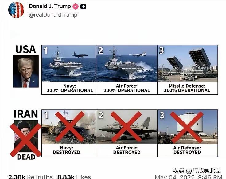 美国总统特朗普社交媒体上发布的美伊战争结果对比图，他的意思可能是：赢了！