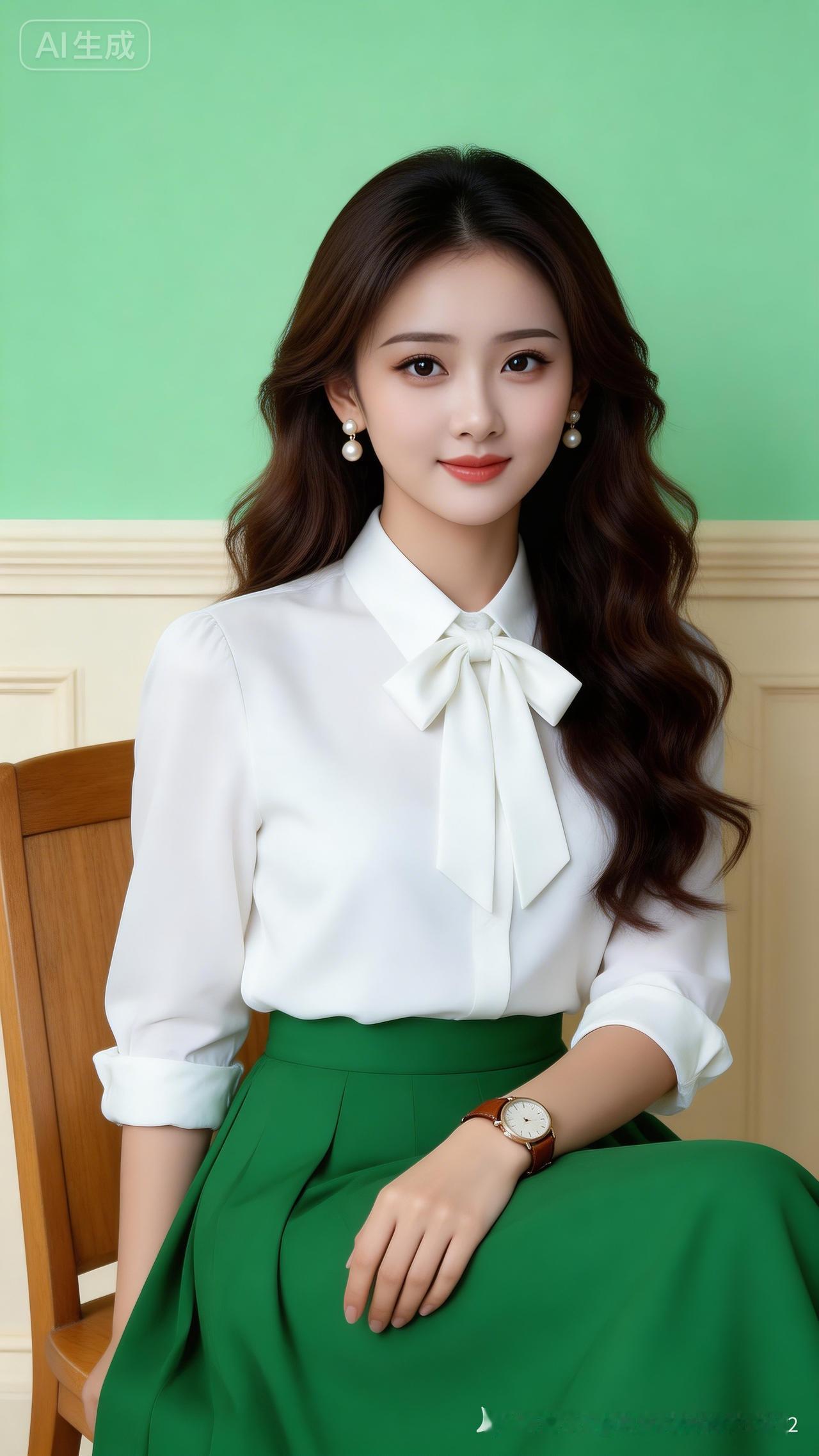 清新自然，优雅动人，白衬衫+绿裙，简约而不失时尚！🌿💚👗