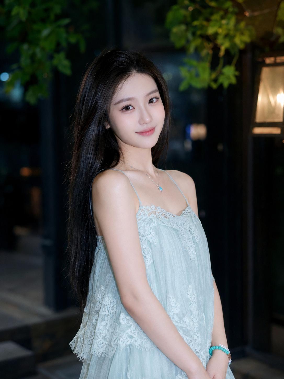 怎样穿搭知性又显身材?这组图片展示了一位年轻女性在多个场景中身着浅蓝色蕾丝吊带长