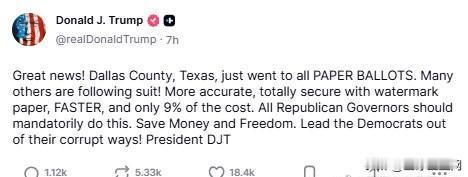 【黄金时代】川普恭喜德州达拉斯全面采取纸质选票，万里长征第一步

川普：

好消