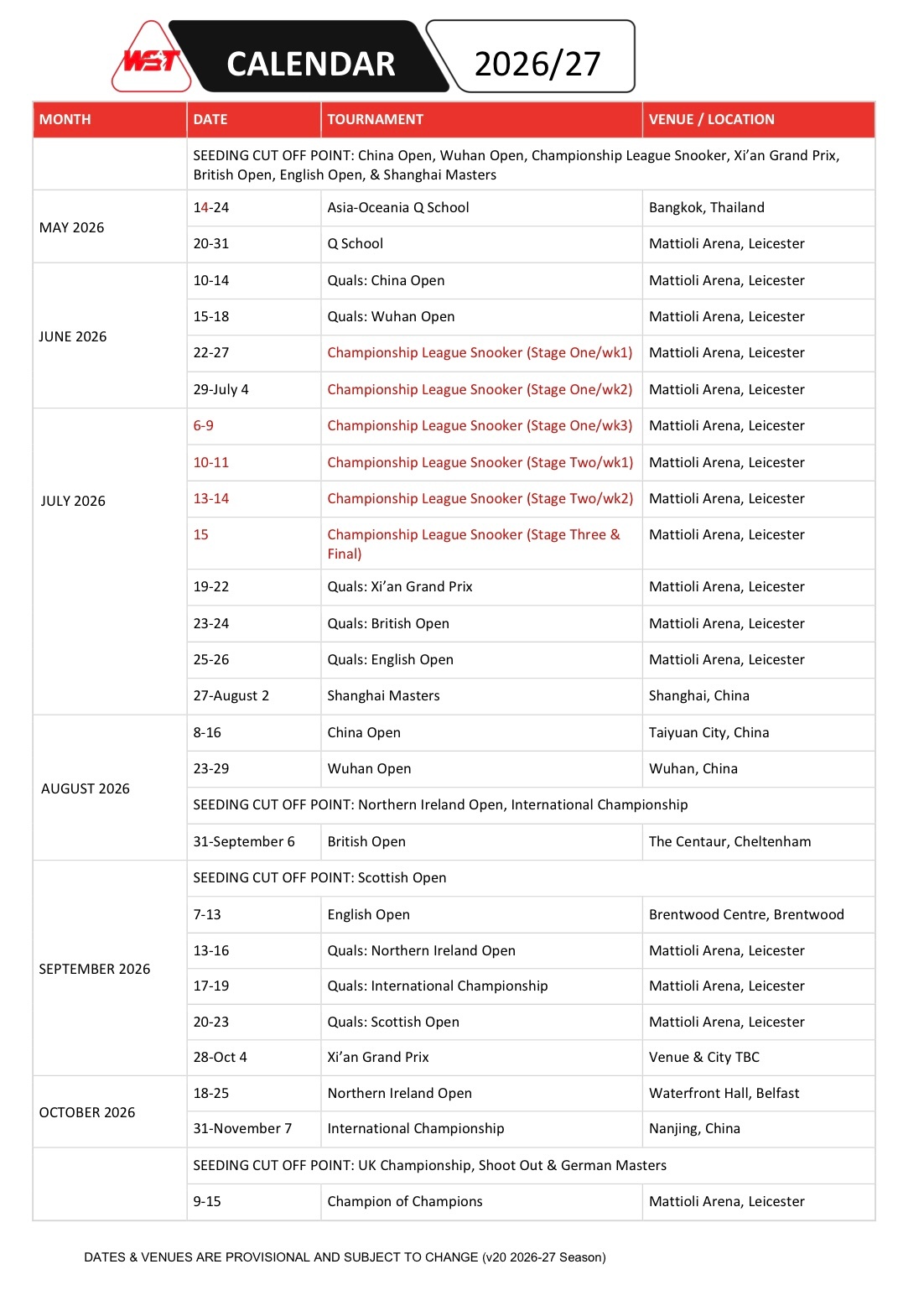WST官网公布2026/27赛季每站斯诺克赛事时间表（种子位节点更新以及2026