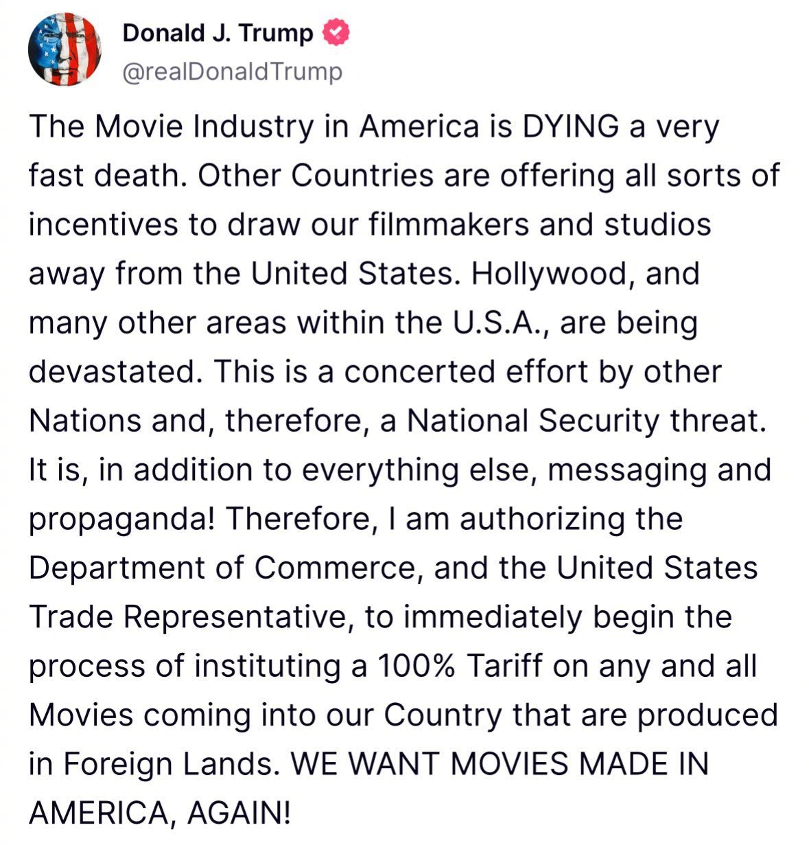 川普称将对所有在美国境外制作并引进美国的电影征收100%的关税。 “美国的电影产