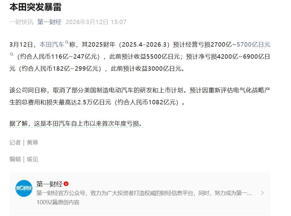 本田突发暴雷。
这是自上市以来首次年度亏损。
加油，丰田也不远了。