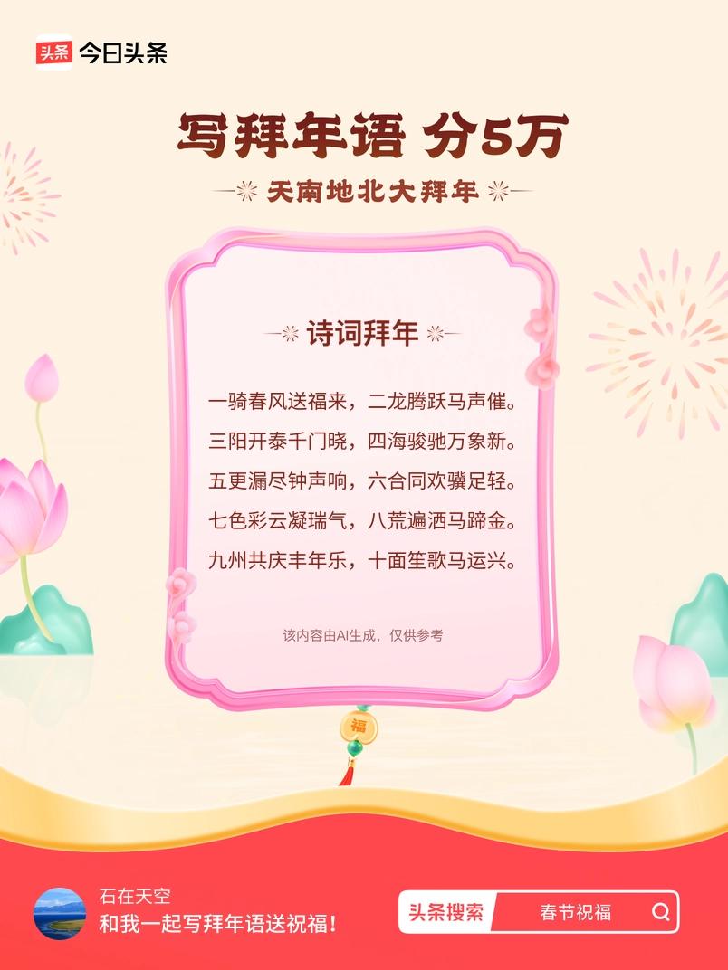 三阳开泰千门晓，四海骏驰万象新。 五更漏尽钟声响，六合同欢骥足轻。 七色彩云凝瑞