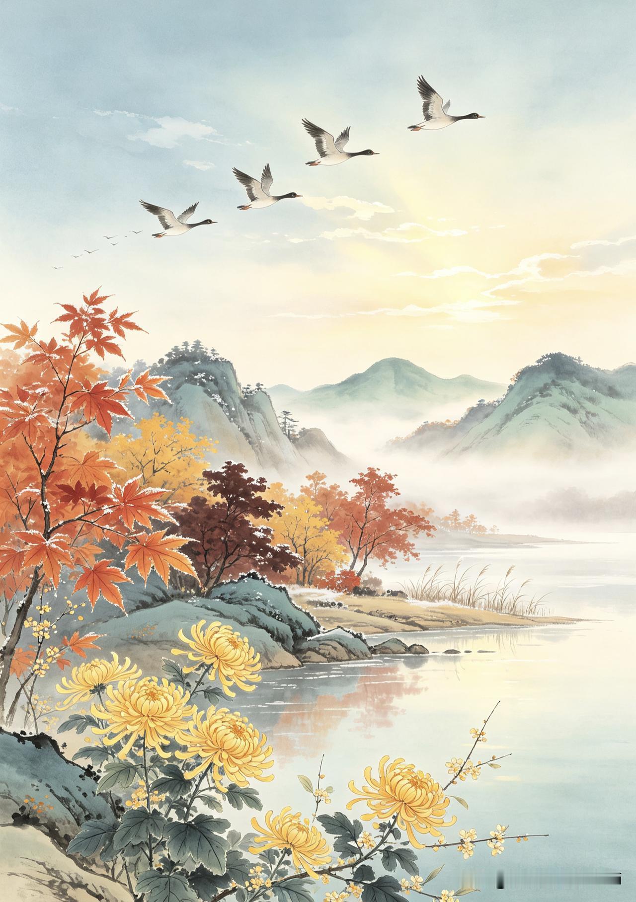 《霜降感怀》
杨益明
霜降今临半月冬，
长空雁叫送秋行，
菊黄桂馥枫红画，
便是