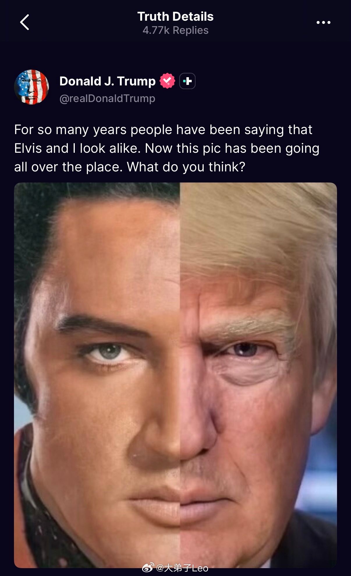 特朗普：这么多年来，人们一直说我和猫王长得像。现在这张照片到处都在传，你们觉得呢